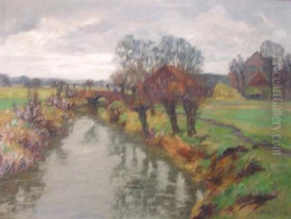 Niederrheinische Fluslandschaft Mit Kopfweiden Oil Painting by Alfred Rasenberger