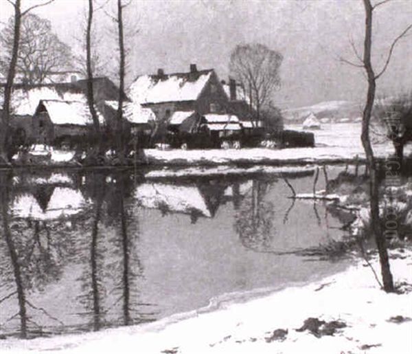 Winterlandschaft: Dorf Am Flusufer Oil Painting by Alfred Rasenberger