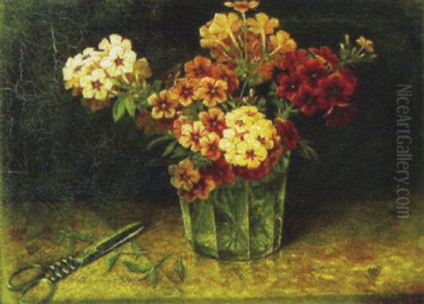 Still Life Of Cut Flowers In Glass On Table Oil Painting by J. Heyl Raser