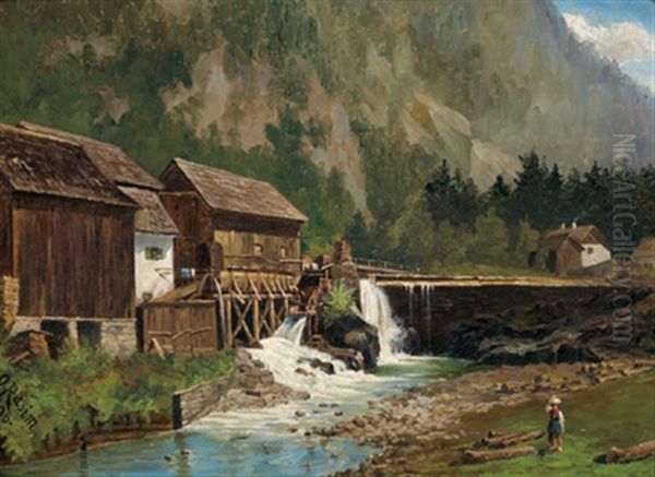 Muhle In Den Alpen Mit Figurlicher Staffage Oil Painting by Otto Rasim