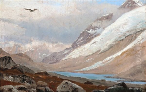 A Bird Flying Over A Greenlandic Fiord Oil Painting by Carl (Jens Erik C.) Rasmussen