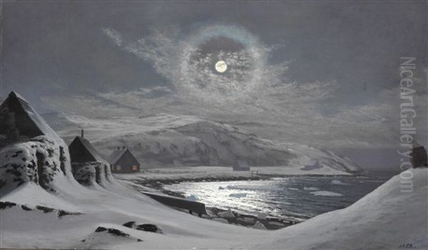 Full Moon Over A Greenlandic Settlement Oil Painting by Carl (Jens Erik C.) Rasmussen