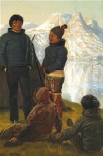 A Greenlandic Family At A Fjord Oil Painting by Carl (Jens Erik C.) Rasmussen