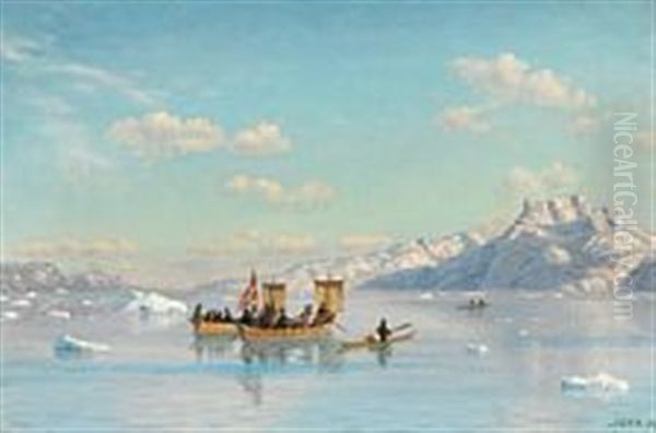 Umiaks And Kayaks In A Greenlandic Fjord On A Summer Day Oil Painting by Carl (Jens Erik C.) Rasmussen