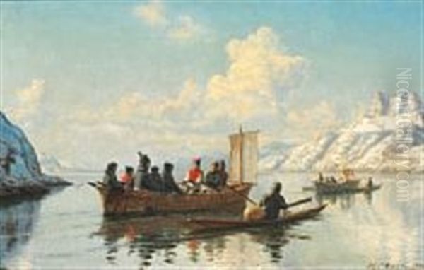 Summer Day In A Greenlandic Fjord With Umiaqs And Kayaks Oil Painting by Carl (Jens Erik C.) Rasmussen