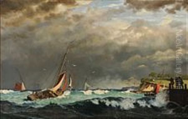 Sailing Boats Off A Harbour In Stormy Weather Oil Painting by Carl (Jens Erik C.) Rasmussen