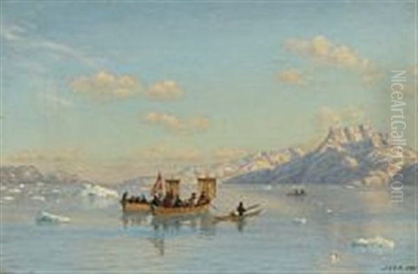 Kayaks And Umiaks On A Greenlandic Fjord Oil Painting by Carl (Jens Erik C.) Rasmussen