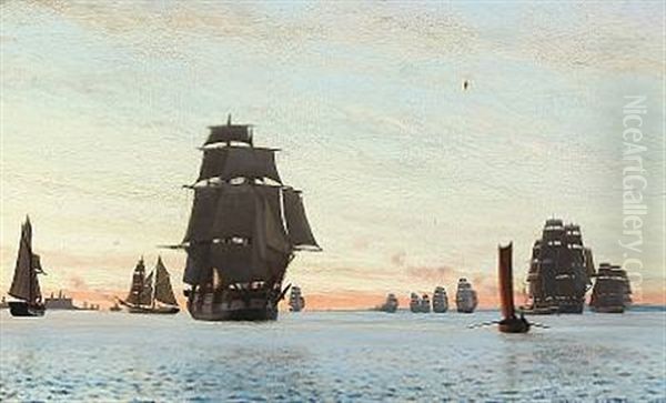 Numerous Sailing Boats Near Kronborg Castle Oil Painting by Carl (Jens Erik C.) Rasmussen