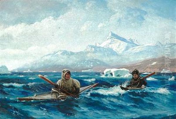 A Sealer With His Son In Kayak On A Fiord In Greenland Oil Painting by Carl (Jens Erik C.) Rasmussen