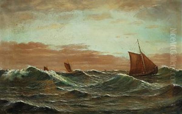 Marine With Sailing Ships At High Seas Oil Painting by Carl (Jens Erik C.) Rasmussen