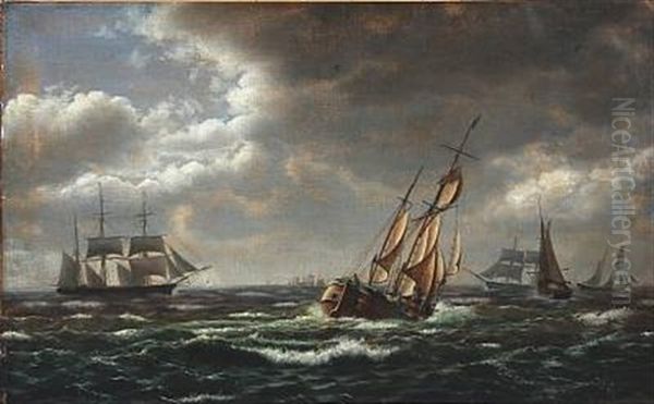 Seascape With Sailing Ships In High Waves Oil Painting by Carl (Jens Erik C.) Rasmussen