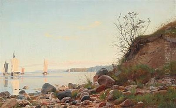 Coastal Scene A Summer Day With Numerous Sailing Ships On The Sea Oil Painting by Carl (Jens Erik C.) Rasmussen