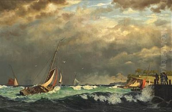 Sailing Boats Off A Harbour In Stormy Weather. Presumably From The Island Of Aero Oil Painting by Carl (Jens Erik C.) Rasmussen