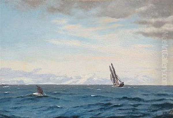 Humpback Whale And Sailing Ship In The Davis Strait Oil Painting by Carl (Jens Erik C.) Rasmussen