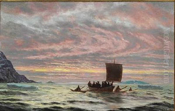 View From Greenland With Inuits In Their Boats In The Sunset Oil Painting by Carl (Jens Erik C.) Rasmussen