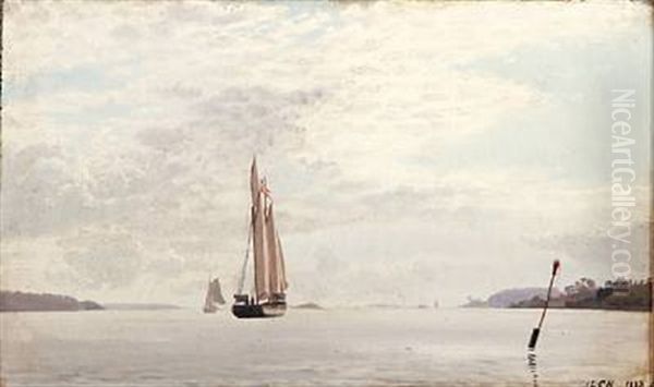 Seascape With Sailing Ships In A Fiord Oil Painting by Carl (Jens Erik C.) Rasmussen