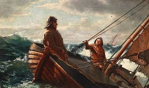 Seascape With Two Fishermen In A Boat In Tall Waves Oil Painting by Carl (Jens Erik C.) Rasmussen