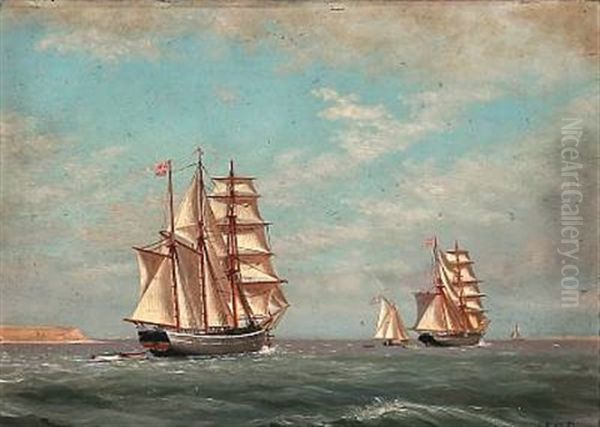 Seascape With Two Brigantines Near A Coast Oil Painting by Carl (Jens Erik C.) Rasmussen