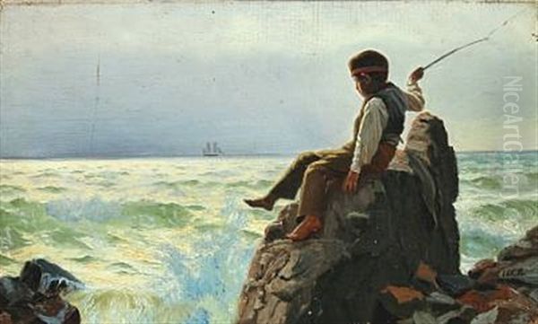 Coastal Scenery With Boy Playing On The Rocks Oil Painting by Carl (Jens Erik C.) Rasmussen