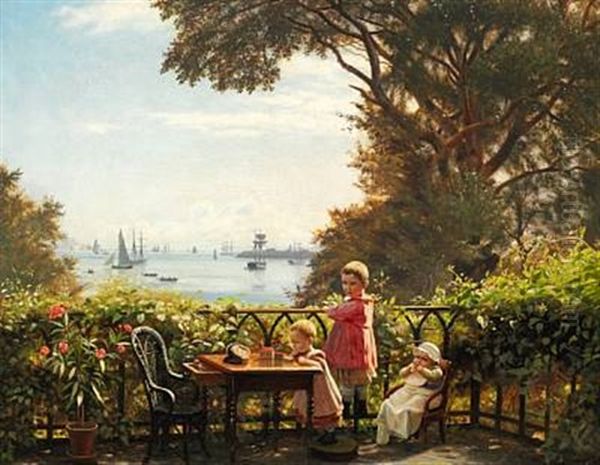 From The Artist's Porch With A View Towards Copenhagen Harbour With Trekroner Fortress And The Sound Oil Painting by Carl (Jens Erik C.) Rasmussen