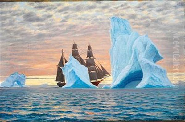 Sailing Ship Amidst Icebergs At Sunset Oil Painting by Carl (Jens Erik C.) Rasmussen