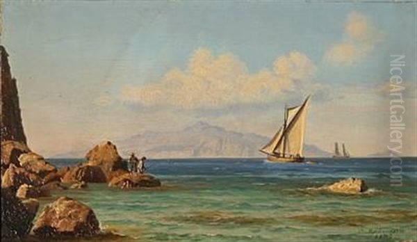 View From Southern Europe With Two Boys Fishing From A Rock Near The Coast Oil Painting by Carl (Jens Erik C.) Rasmussen