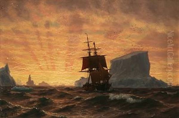 Evening Seascape From Greenland With A Sailing Ship On The Ocean Oil Painting by Carl (Jens Erik C.) Rasmussen