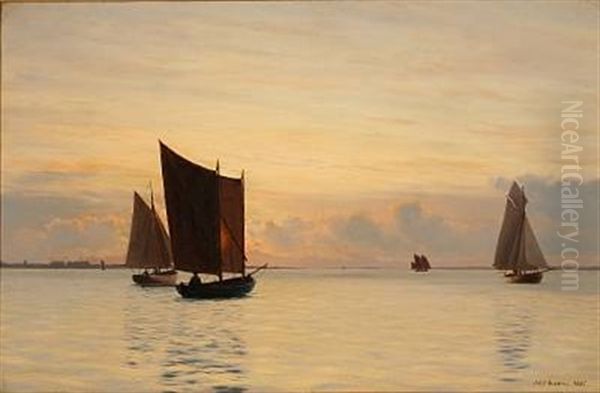 Sailing Ships In The Sunset (in The Archipelago South Of Funen?) Oil Painting by Carl (Jens Erik C.) Rasmussen