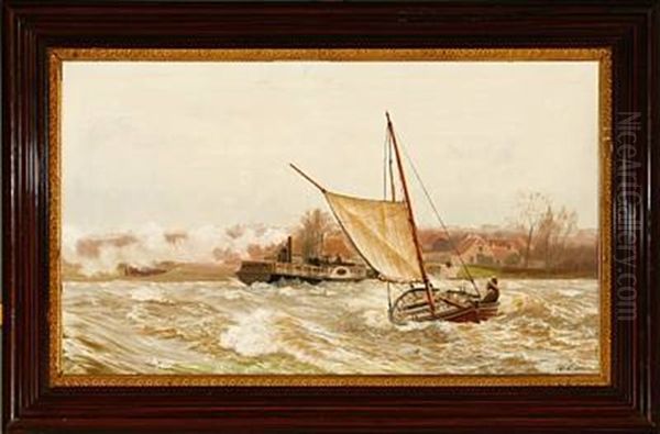 The Paddle Steamer Frits Juel And A Fishing Dinghy In The Fairway Between Svendborg And Tasinge Island Oil Painting by Carl (Jens Erik C.) Rasmussen