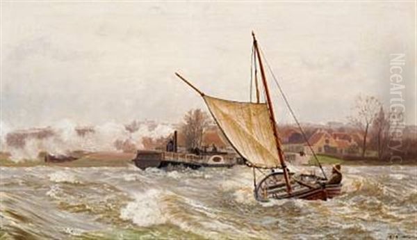 Paddle Steamer Frits Juel And A Sailing Ship In An Inlet Off A Town Oil Painting by Carl (Jens Erik C.) Rasmussen