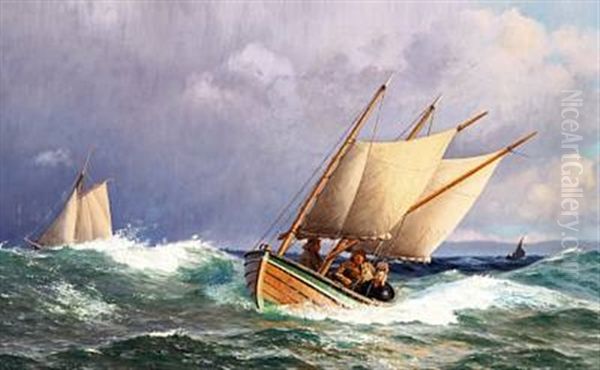 The Mail Boat From Birkholm In The Archipelago South Of Funen Oil Painting by Carl (Jens Erik C.) Rasmussen