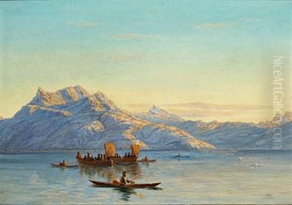 Kayaks And Umiaks On A Greenlandic Fiord Oil Painting by Carl (Jens Erik C.) Rasmussen