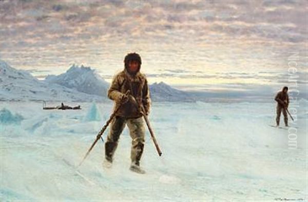 Two Inuits Hunting, Greenland Oil Painting by Carl (Jens Erik C.) Rasmussen