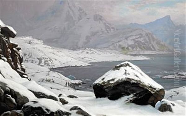 Greenlandic Landscape With A Family Awaiting The Homecoming Of The Sealer Oil Painting by Carl (Jens Erik C.) Rasmussen