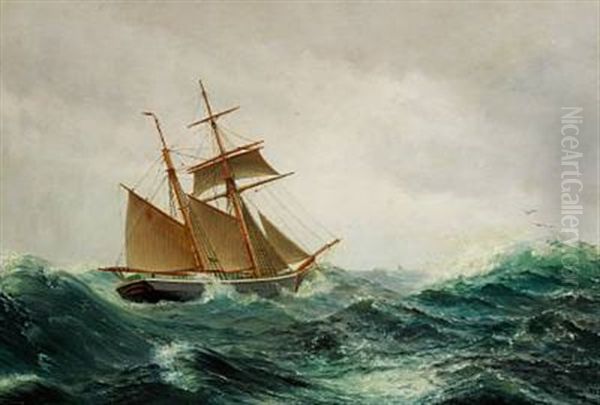 Sailing Ships In Rough Sea Oil Painting by Carl (Jens Erik C.) Rasmussen