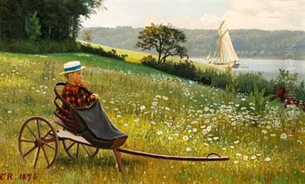 A Little Boy Is Sitting On A Handcart, Watching The Sailing Boats On Svendborg Sound Oil Painting by Carl (Jens Erik C.) Rasmussen