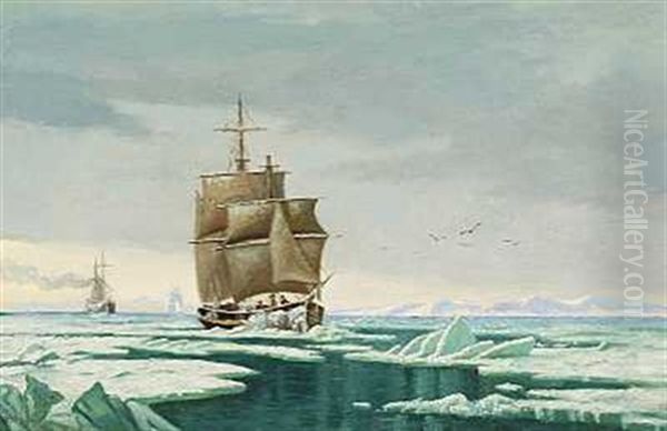 Sejlskibe Gennem Isfyldt Farvand Oil Painting by Carl (Jens Erik C.) Rasmussen