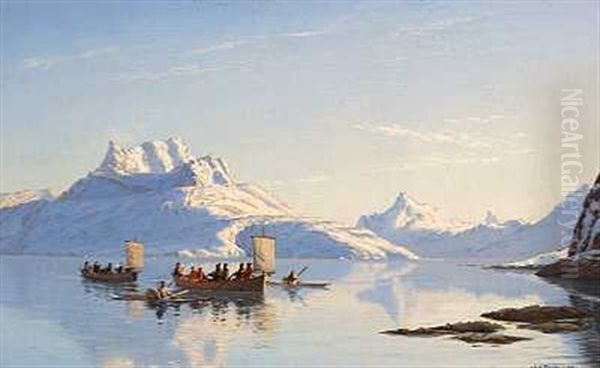 Foraarsdag Paa Godthaabsfjorden I Gronland. I Forgrunden Konebade Og Kajakker Oil Painting by Carl (Jens Erik C.) Rasmussen