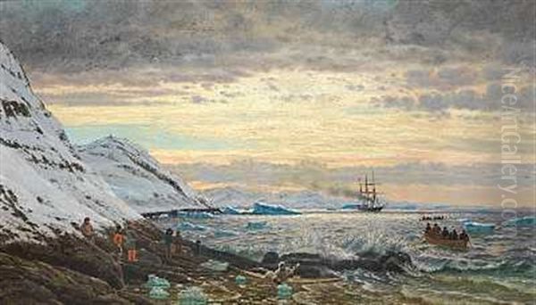 Dampskonnerten Fox Ii Star Ind I Arsukfjorden, To Konebade Og En Kajak Er Pa Vej Ud For At Tage Imod Oil Painting by Carl (Jens Erik C.) Rasmussen