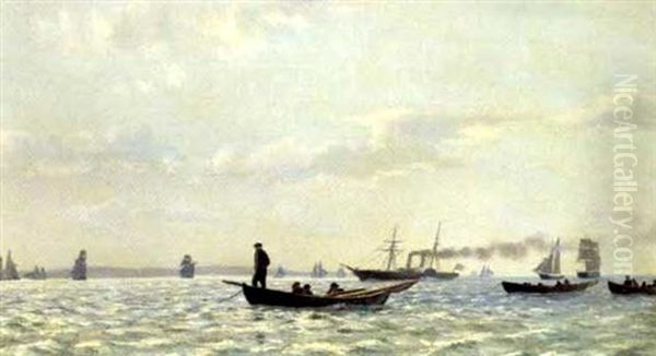 Sejlskibe Og Damper I Sundet, I Forgrunden Fiskere I Robade Oil Painting by Carl (Jens Erik C.) Rasmussen