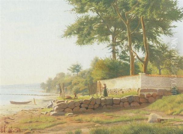 Udsigt Langs Stranden, I Forgrunden Kone Der Boder Garn Oil Painting by Carl (Jens Erik C.) Rasmussen