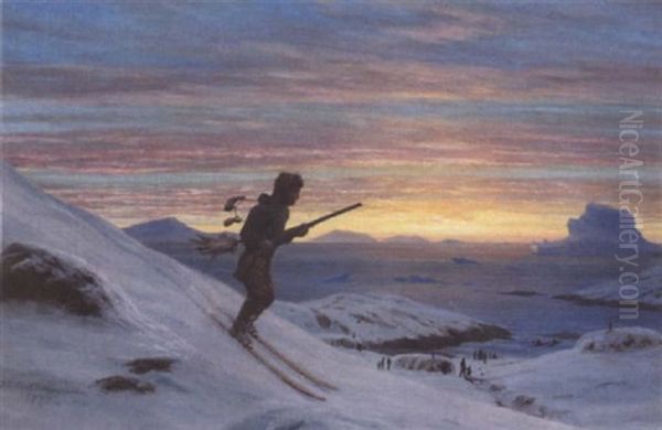 Parti Fra Gronland Med En Rypejaeger Pa Ski Ved Solnedgangstide Oil Painting by Carl (Jens Erik C.) Rasmussen