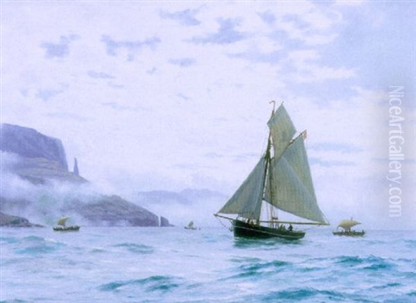 Marine Med Sejlskibe Ud For Norsk Klippekyst Oil Painting by Carl (Jens Erik C.) Rasmussen