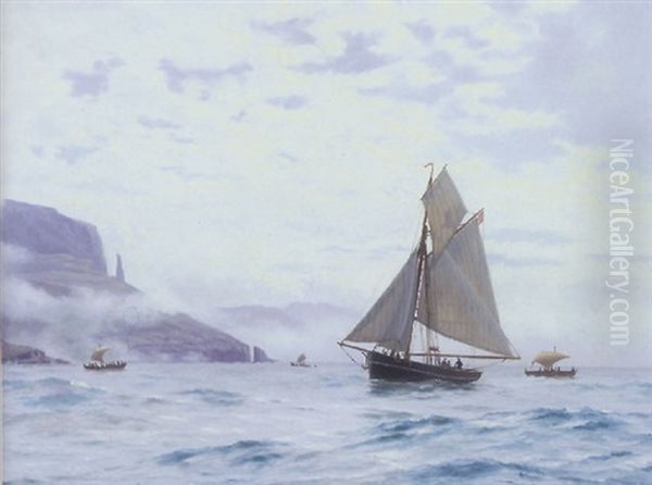 Marine Med Sejlskibe Udfor Norsk Klippekyst Oil Painting by Carl (Jens Erik C.) Rasmussen