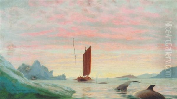 Parti Fra Gronland Med Hvaler Og Sejlskib Oil Painting by Carl (Jens Erik C.) Rasmussen