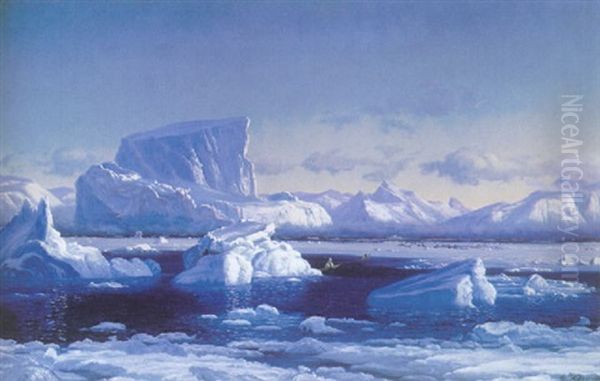 Saelfangere Pa Jagt Mellem Isbjerge, Gronland Oil Painting by Carl (Jens Erik C.) Rasmussen