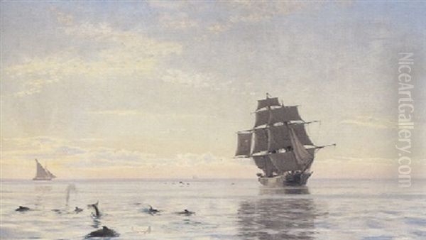 Skibe Pa Havet, I Forgrunden Marsvin Oil Painting by Carl (Jens Erik C.) Rasmussen