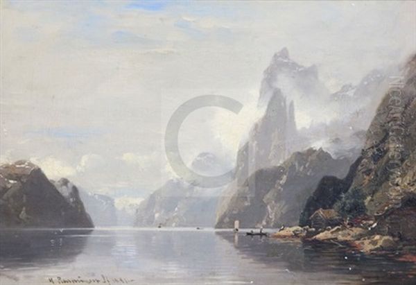 Cottages Alongside A Fjord Oil Painting by Georg Anton Rasmussen