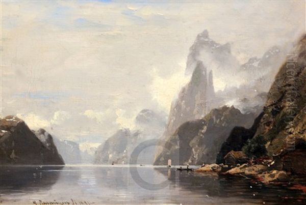 View Of A Fjord Oil Painting by Georg Anton Rasmussen