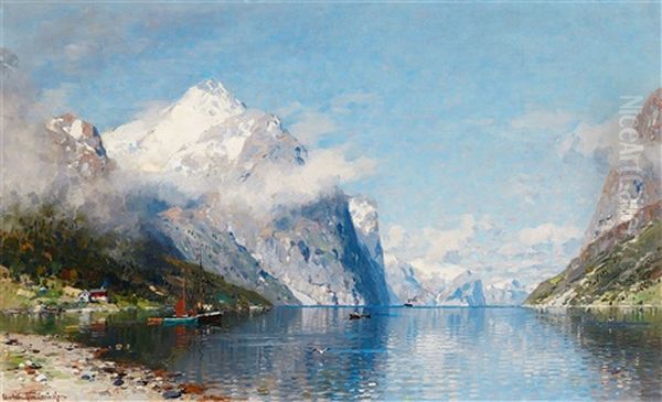 Norwegian Fjord Landscape Oil Painting by Georg Anton Rasmussen